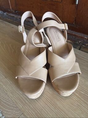 Michael Shannon Neutral Tan Leather Wedge Sandals